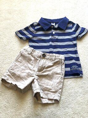 Janie and Jack Outfit Set Navy Blue Stripe Polo and Khaki Shorts Boys Size 2T